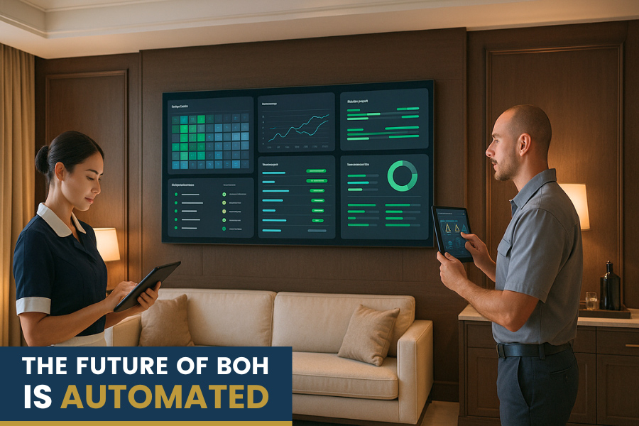 Hotel staff using digital tablets to monitor automated back-of-house operations displayed on a large wall-mounted screen with various analytics and performance dashboards.