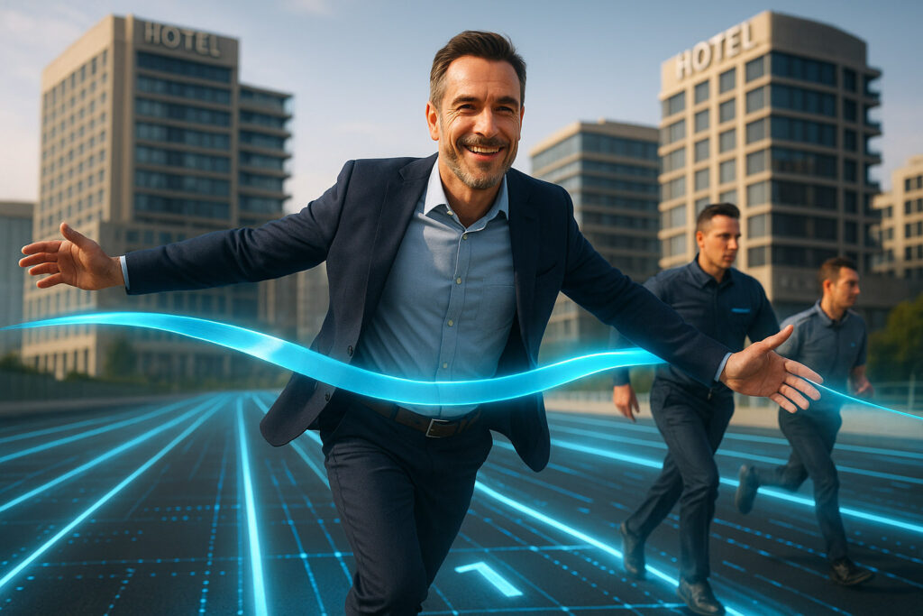 Smiling businessman crossing a digital finish line ahead of competitors on a futuristic race track with hotel buildings in the background, symbolizing leadership in hotel technology.