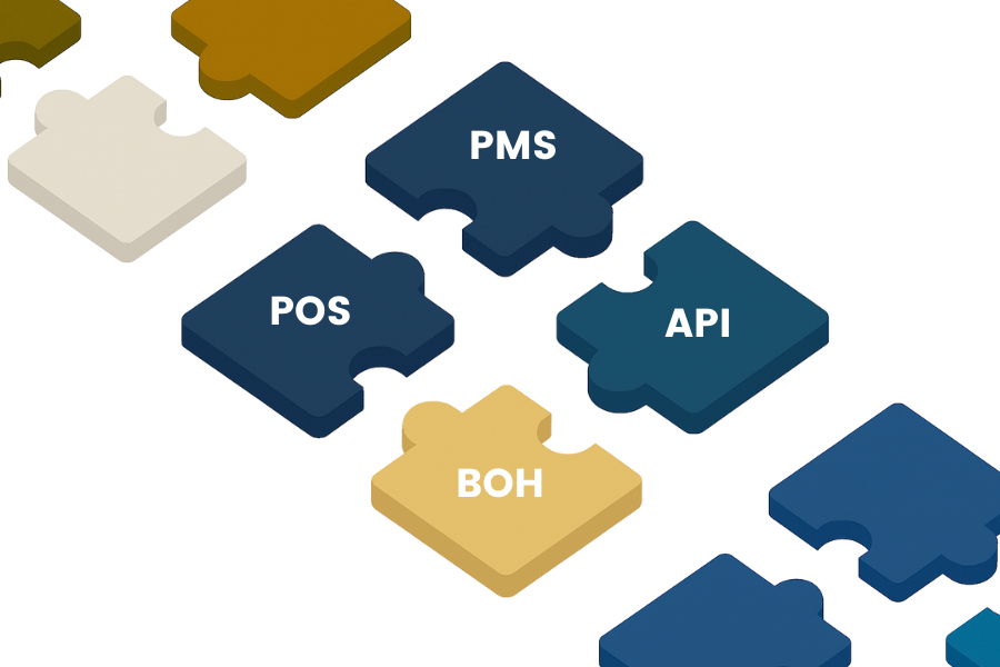 Illustration of interlocking puzzle pieces labeled PMS, POS, API, and BOH, representing integrated hotel technology systems.
