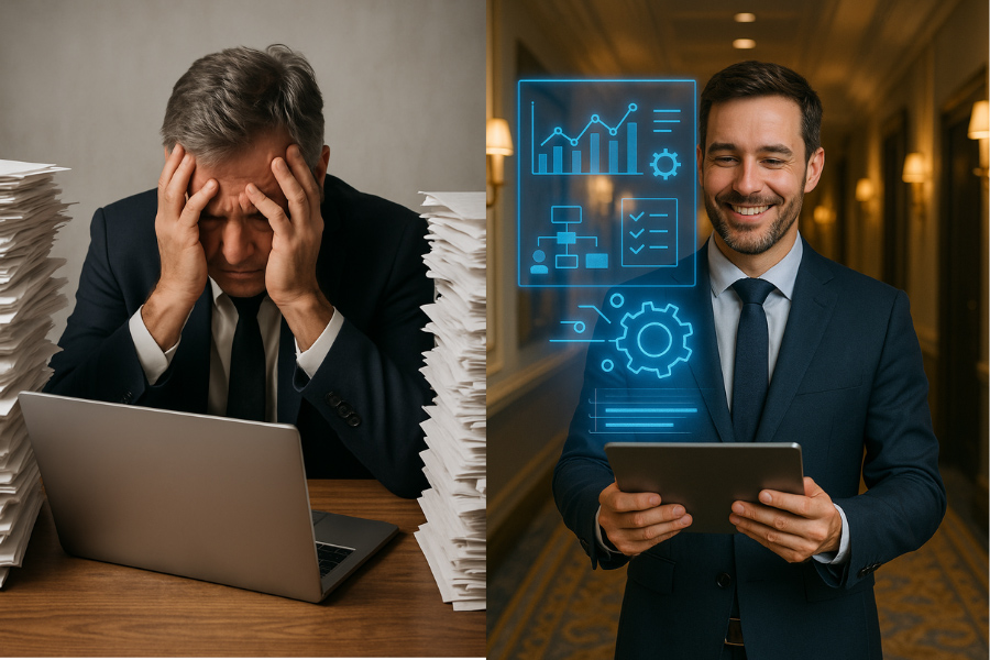 Split image showing stressed businessman overwhelmed by paperwork on the left, and smiling businessman using a tablet with digital data graphics on the right, representing manual vs. automated processes.