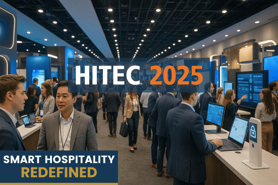 Attendees networking and exploring technology booths at HITEC 2025, the world’s largest hospitality technology conference.