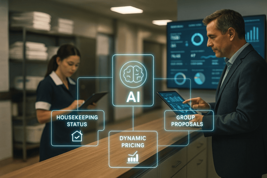Modern hotel back-of-house control centre with staff using tablets and a glowing AI dashboard showing automated tasks.