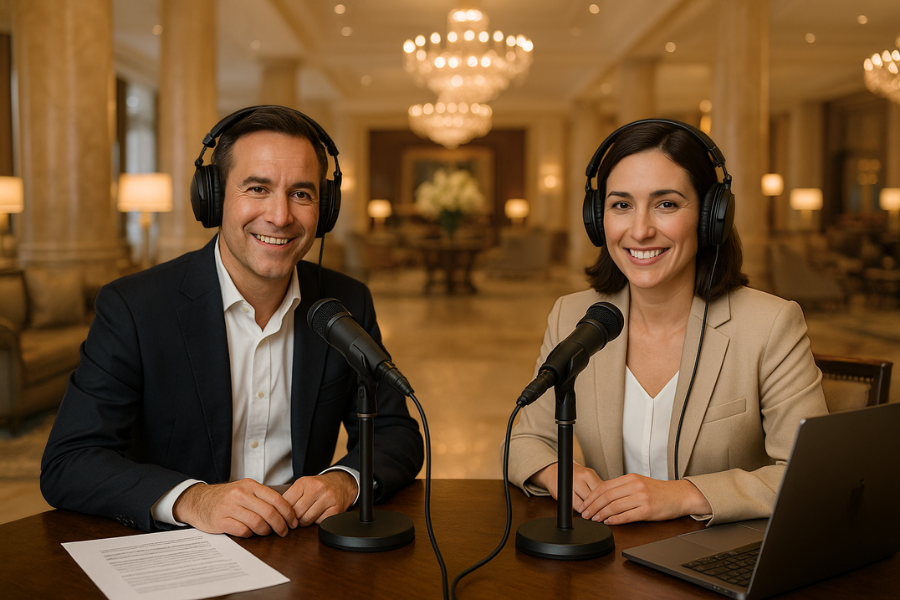 Two smart hotel technology industry leaders recording a podcast in a luxury hotel lobby with microphones, headphones, notes, and a laptop on the table.