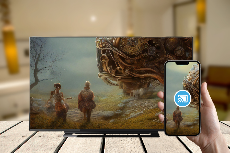 Luxury hotel guest using smartphone to cast content to the smart hotel room TV