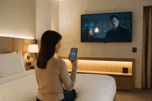 Woman using smartphone to cast a movie to hotel room TV with smart hotel technology