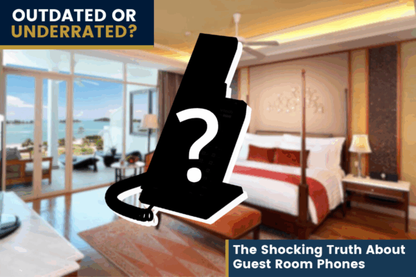 Silhouetted hotel guest room phone with a question mark overlay in a luxury resort suite, highlighting a debate on whether in-room phones are outdated or underrated.