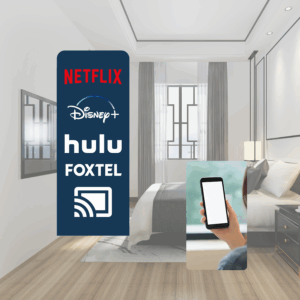 Luxury hotel room with a TV casting graphic featuring Netflix, Disney+, Hulu, and Foxtel, alongside a guest holding a smartphone to stream content.