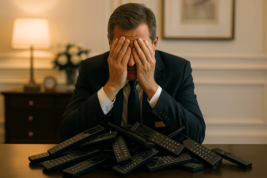 Frustrated hotel manager in a suit covering his face while sitting behind a large pile of broken guest room phones in a luxury hotel room.