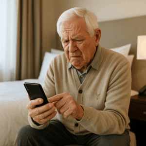 Elderly hotel guest struggling to use a smartphone while sitting on the edge of a neatly made bed in a luxury hotel room.