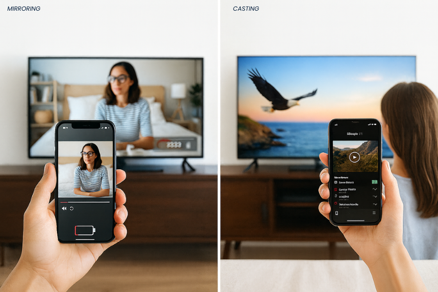 Smart hotel technology comparison showing screen mirroring versus casting, with two guests using smartphones to connect content to in-room TVs.