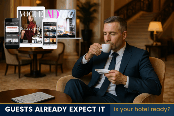 Businessman in a suit sipping coffee in a luxury hotel lounge, with floating devices showcasing digital magazines, highlighting the need for the paperless guest experience.