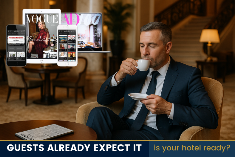 Businessman in a suit sipping coffee in a luxury hotel lounge, with floating devices showcasing digital magazines, highlighting the need for the paperless guest experience.