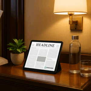 A tablet on the bedside table, displaying a digital newspaper, showing a paperless guest experience.