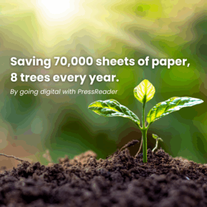 Close-up of a young plant growing in rich soil, with a message about saving paper and trees by going digital with paperless guest experience.