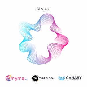 Colourful AI voice wave graphic with logos of Myma.ai, Tyme Global, and Canary Technologies, representing the future of AI-powered voice technology in hospitality.