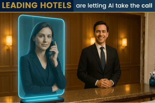 AI Voice assistant within a hologram holding a hotel phone with a front desk hotel staff beside her.