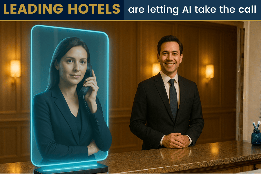 AI Voice assistant within a hologram holding a hotel phone with a front desk hotel staff beside her.