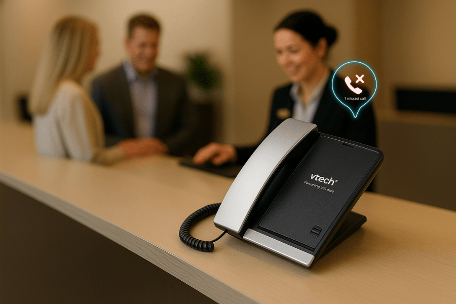VTech hotel phone with missed call notification displayed on screen, with hotel staff assisting guests at the front desk in a luxury hotel lobby.