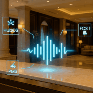 Futuristic holographic AI voice for hotels soundwave with icons representing HubOS, FCS 1, and PMS, symbolising seamless integration of AI voice with hotel systems.