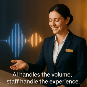 Hotel receptionist smiling with a glowing AI voice wave graphic beside her, symbolising AI technology handling communication volume while staff focus on the guest experience.