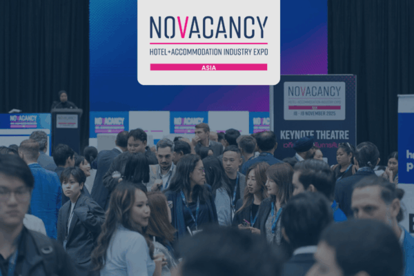 A large crowd of hospitality and hotel professionals gathering at the NOVACANCY Asia expo, showcasing the latest hotel technology, innovations, and industry networking.