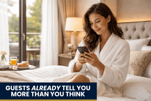 luxury hotel guest viewing hotel technology on her smartphone