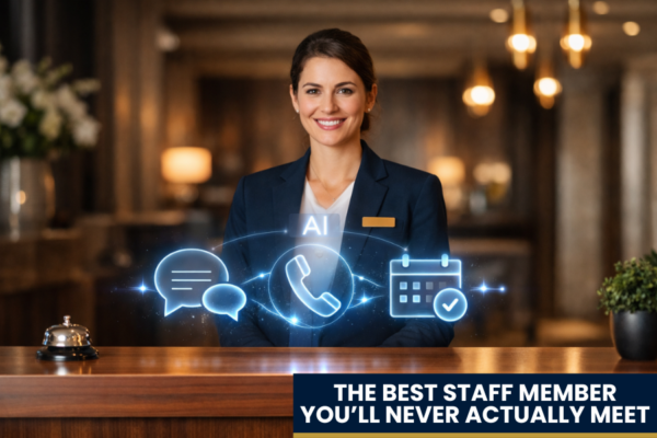 AI symbols hovering on a hotel reception desk