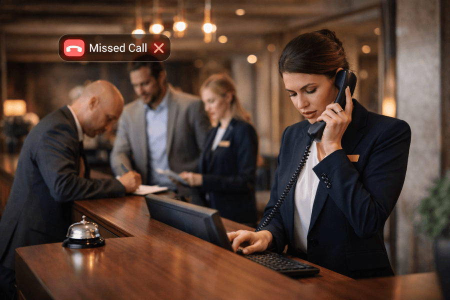 A luxury hotel receptionist with a missed phone call and another hotel concierge behind interacting with guests