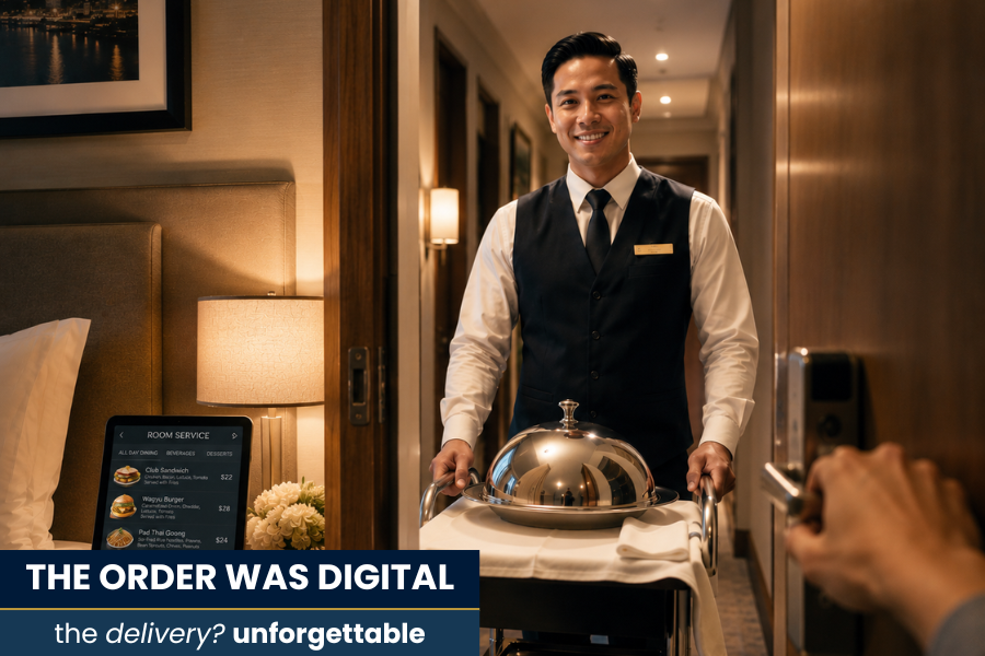 a luxury hotel technology concierge bringing in a trolley with a cloche