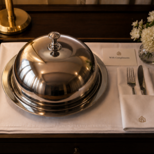a cloche at a luxury hotel room service
