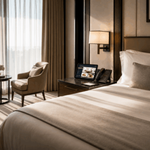 luxury hotel room with a digital compendium