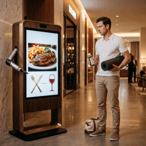 A wellness-focused hotel guest holding a yoga mat and green juice looks confused as a digital AI kiosk recommends a heavy steak dinner.