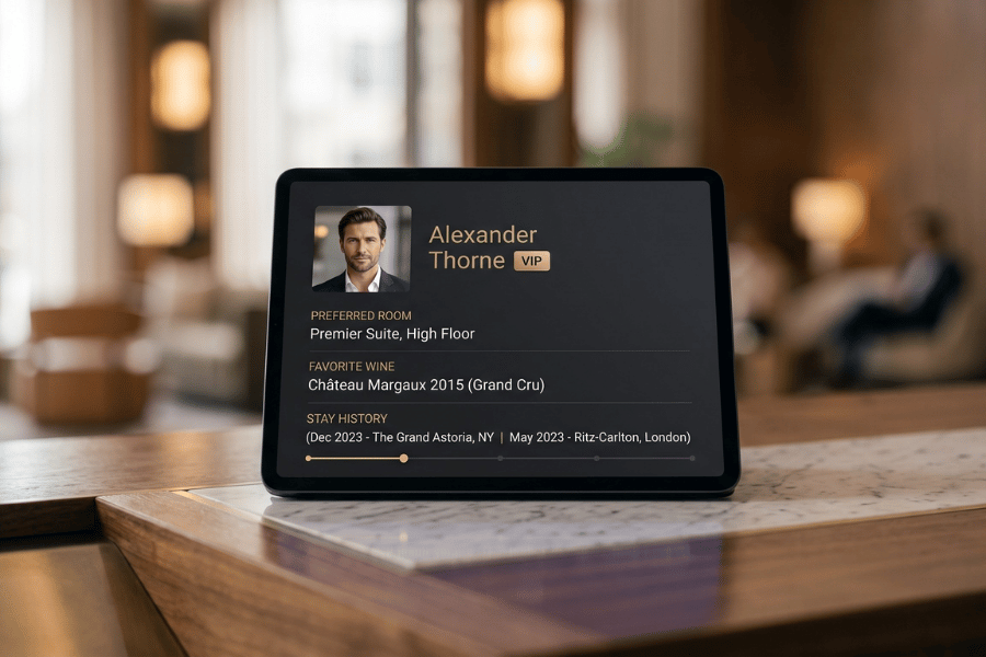 A sleek tablet on a luxury hotel front desk displays a unified Golden Profile dashboard, showing a guest's VIP status, preferred room type, and favorite wine.