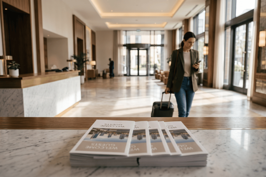Generic hotel promotional brochures sit on a front desk in an elegant lobby while a disengaged guest walks toward the exit looking at a smartphone.