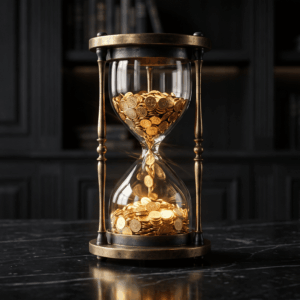 A luxury glass hourglass on a dark executive desk where glowing gold coins fall into the bottom chamber instead of sand, representing hotel revenue and OTA commissions.