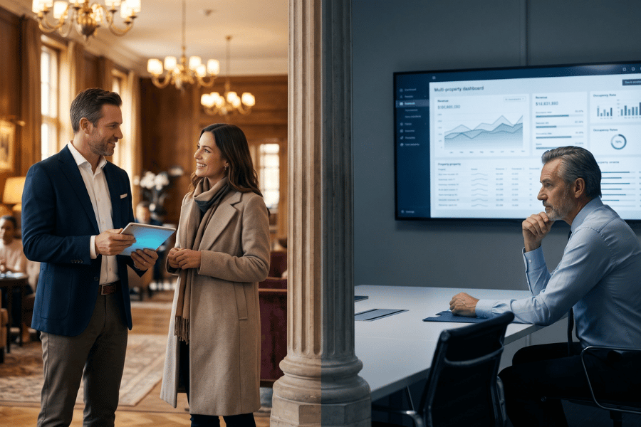 Split screen showing a hotel General Manager warmly greeting a guest with a tablet, alongside a hotel owner reviewing a multi-property revenue data dashboard in a boardroom.
