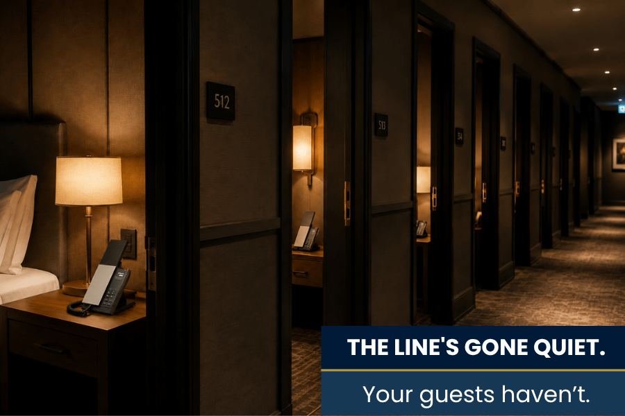 a luxury hotel corridor with guest room vtech phones visible