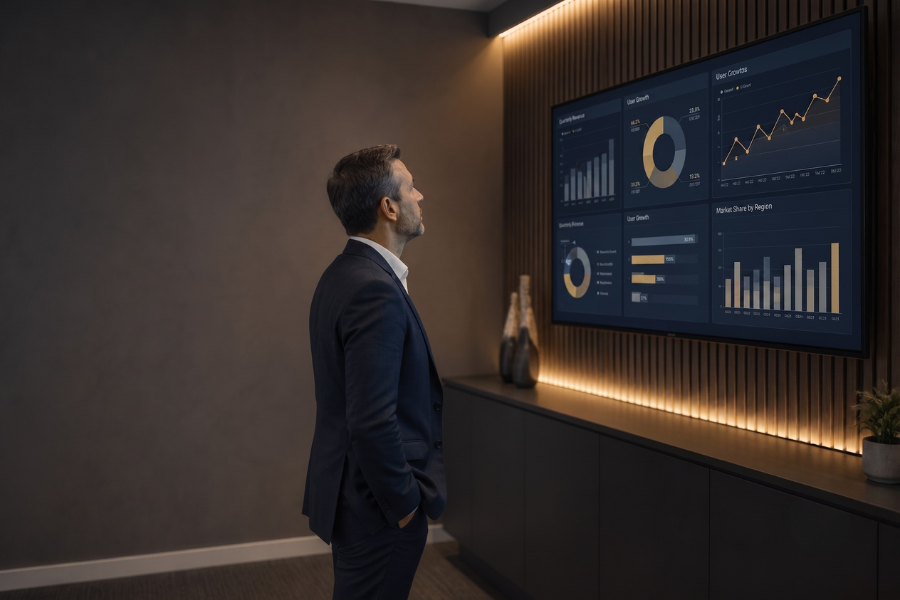 Hotelier looking at a dashboard with data of his hotel