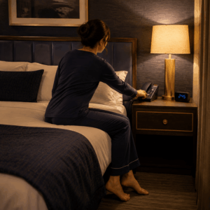 hotel guest reaching for the hotel guest room phone on the nightstand at 2 am
